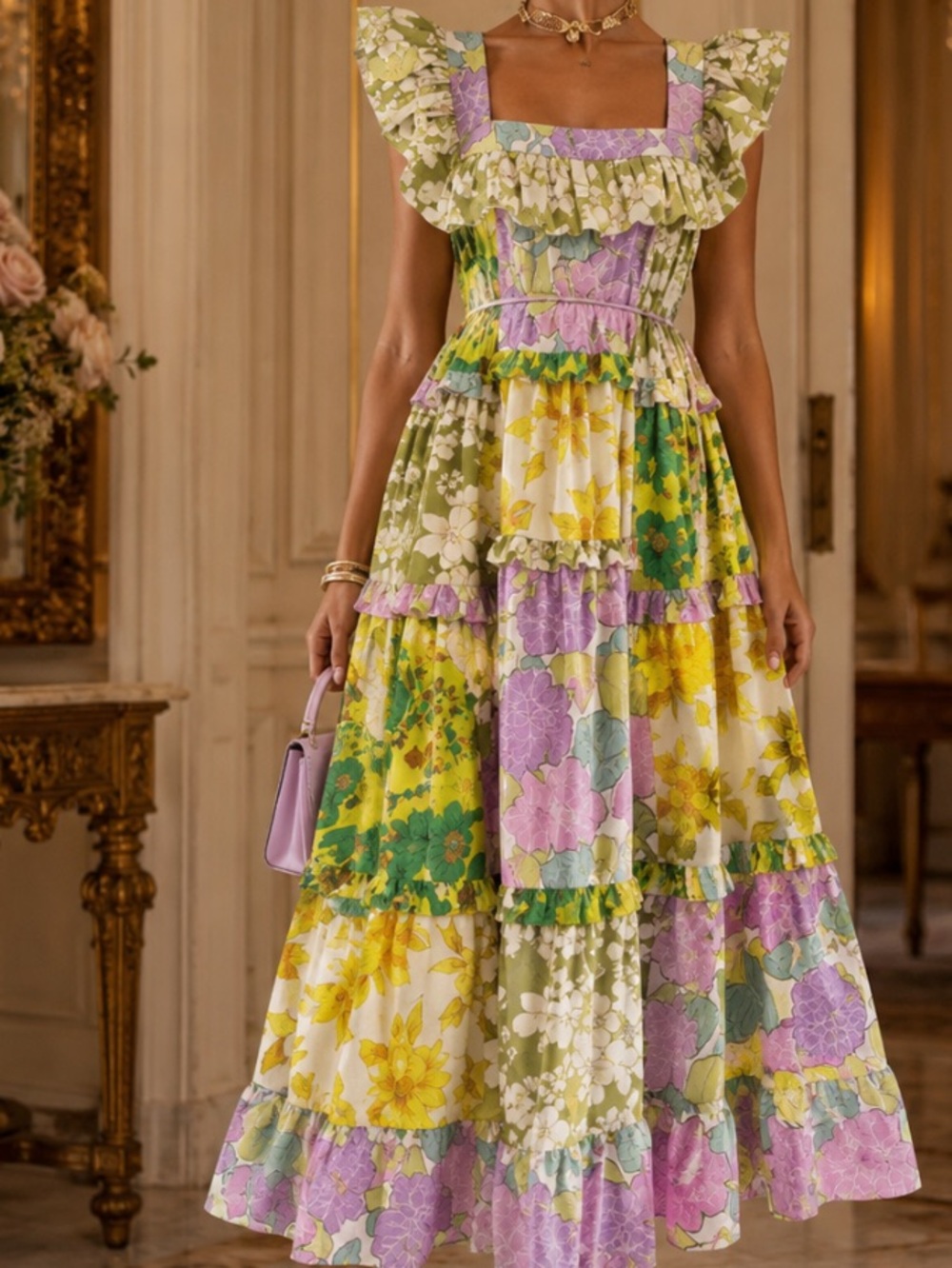New Dalia Macphee Floral Patchwork Maxi Dress size S color Lime Multi - Picture 13 of 16